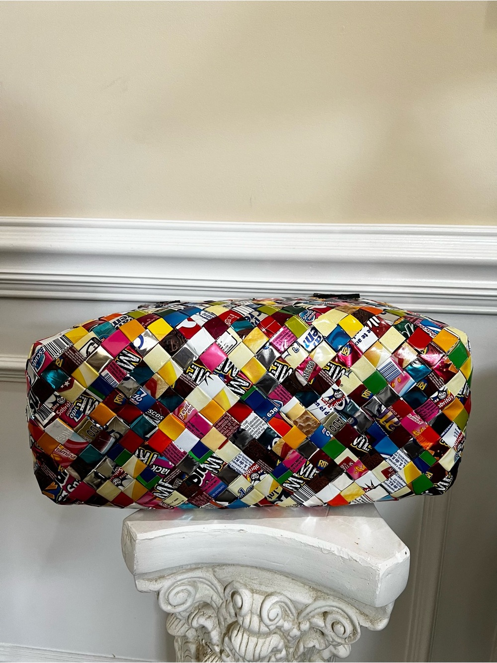 Recycled, Patchwork Hand Woven Candy Wrappers Structured Large Satchel. - Picture 6 of 17